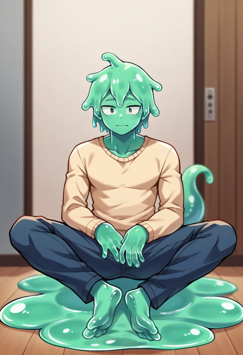 score_9, score_8_up, score_7_up, score_6_up, score_5_up, score_4_up, source_anime, 1Boy, slime Boy, Blue skin, Soft fashion, wolf cut slime hair with green tips, tentacles, slime tentacles, slime boy, solo, slimegirlsfw, slime boy, sweater, jeans, slimeboy, my hero academia, tentacles, school, depth of field, LUT, Sitting down, Dorm room, detailed, handsome, cute slime boy. My hero academia school, Tentacle tail, Full body shot, , muscular. 