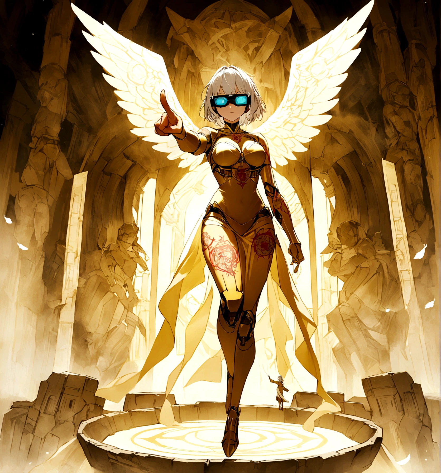 Full body of a serene golden cyborg woman wrapped silk, devils tattoos, Vr glasses, white hair, finger pointing foward, Angels wings, levitating, collosal holy light as background at ancient futuristic temple