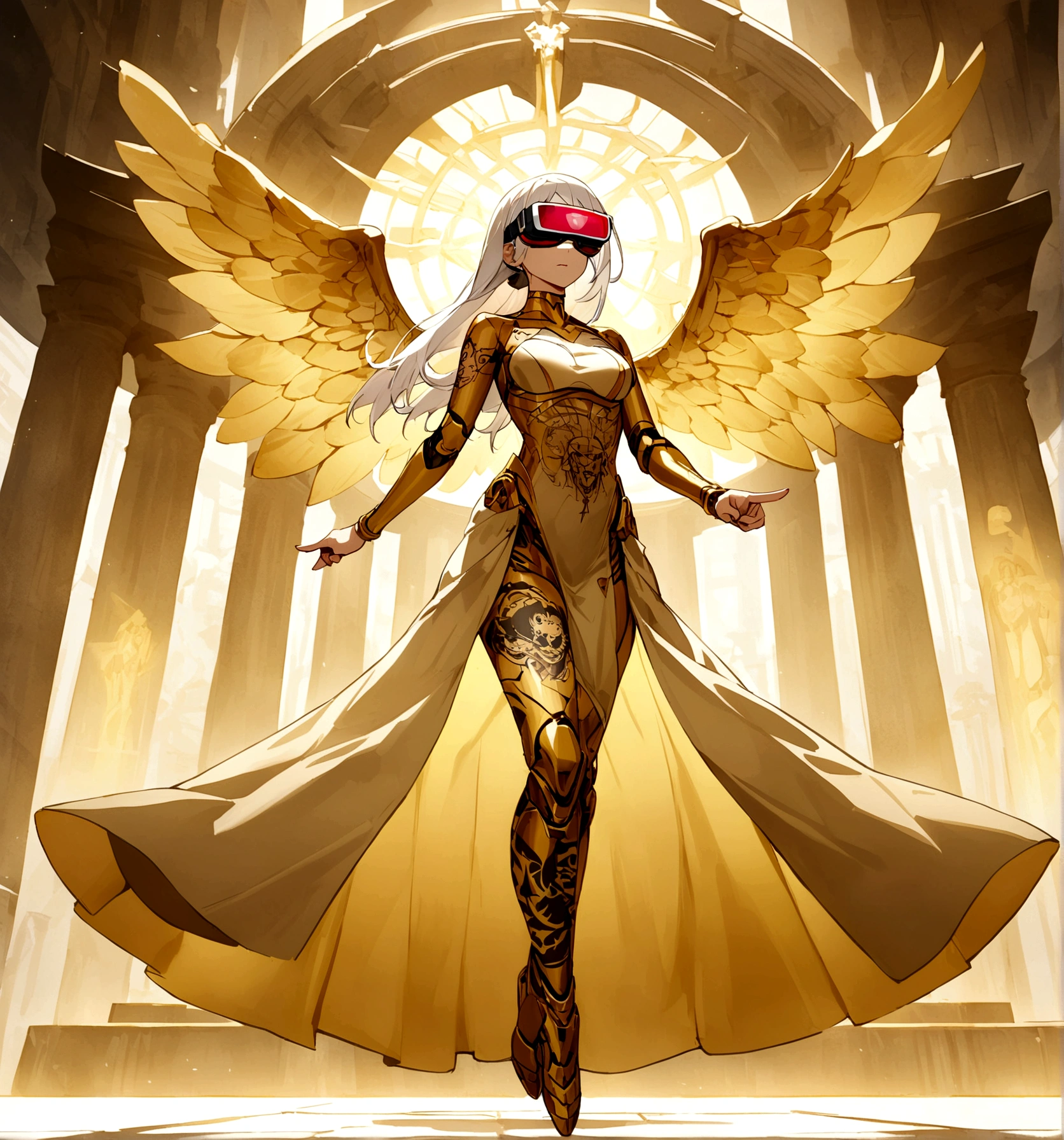 Full body of a serene golden cyborg woman wrapped silk, devils tattoos, Vr glasses, white hair, finger pointing foward, Angels wings, levitating, collosal holy light as background at ancient futuristic temple