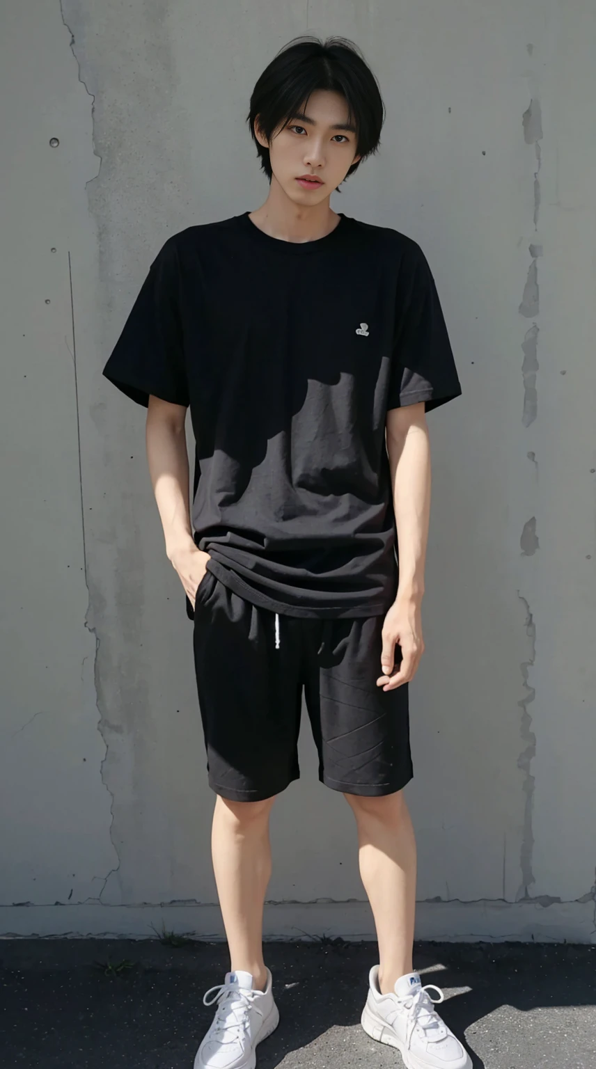 Japanese male about 173cm tall,fairer complexion,Wearing a more sophisticated dress,realist,Black T-shirt,black trousers,sports shoes,Yellow hair，Realistic shadows

