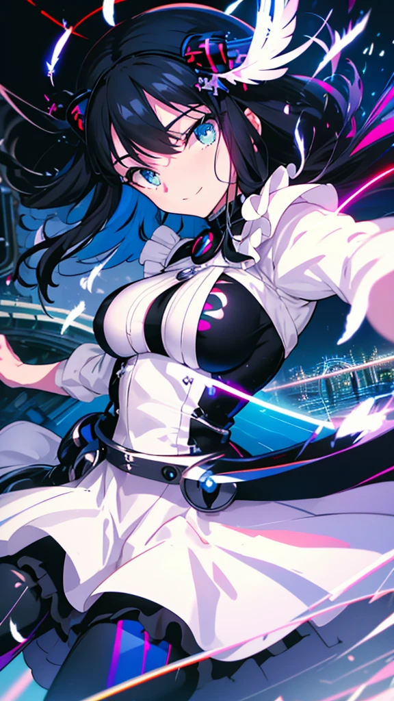 best quality, extremely detailed, anime style adult 1girl, long hair down to the waist, straight hair, ((dark black hair with bluish)),crown braid,beautiful detailed eyes, pinched eyes, dark blue eyes, huge breasts,curvy,(((white main black cyberpunk and magical frill dress))),longskirt,((feather accessory)),magical girl,((((light smile)))),((((amusement park)))),animation cap,animated gif,