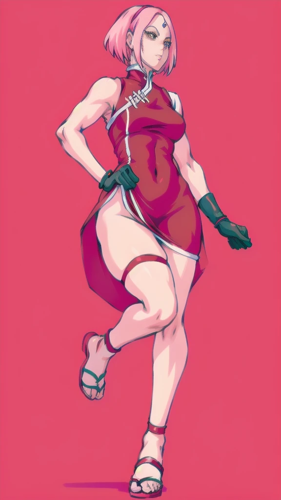 Full body image of Sakura Haruno from Naruto Shippuden, full body in image, wearing her original outfit (red sleeveless qipao dress with white circular designs, black gloves, black leggings, and ninja sandals), short hair, female body, slender and athletic body, dynamic pose, detailed pose, simple background, expressive face, focus on face, line art, sketch