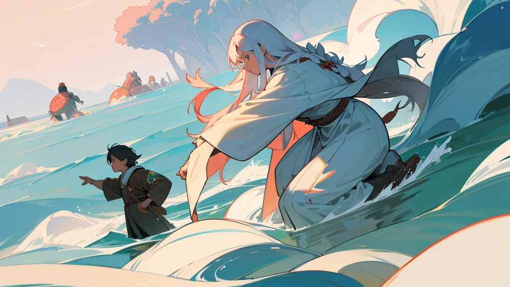 Please help me generate an illustration about the Eight Immortals crossing the sea and showing their magical powers