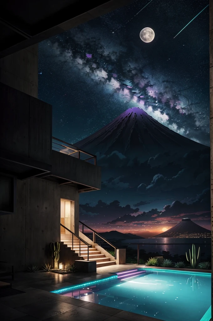 anime (best-quality:0.8), (best-quality:0.8), perfect anime illustration, we've been trying to reach you about your cars extended warranty, An illustration in collage style, with giant boulders, brutalist building sections, terraces, stairs, cacti, agave, concrete texture, multiple geometric shapes, hatch and cross hatching, planet saturn, volcano, moon, Luis Barragán's architectural style build, milky way galaxy, violet, one motorcycle, An illustration in collage style, with giant boulders, brutalist building sections, stairs, cacti, agave, concrete texture, multiple geometric shapes, hatch and cross hatching, planet saturn, volcano, moon, Luis Barragán's architectural style build, reflective pool, terraces. An elegant and modern build, in top of big boulders, with terraces, materials concrete, wood, steel and crystal, various gardens with tropical vegetation, cacti and rocks, stairs, a pool. In middle of sea, a big wave near, sunset, mountains and a volcano in the horizont, cute islands around, illustration format, cute color palette, detailed, masterpiece, award-winning work A 1999 Nissan GTR in Tron form r34 horizonte Lamborghini under a pink and purple sky, an anime drawing by Makoto Shinkai, trending on pixiv, magical realism, beautiful anime scene, cosmic skies. by makoto shinkai, ( ( makoto shinkai ) ), by makoto shinkai, anime background art, style of makoto shinkai