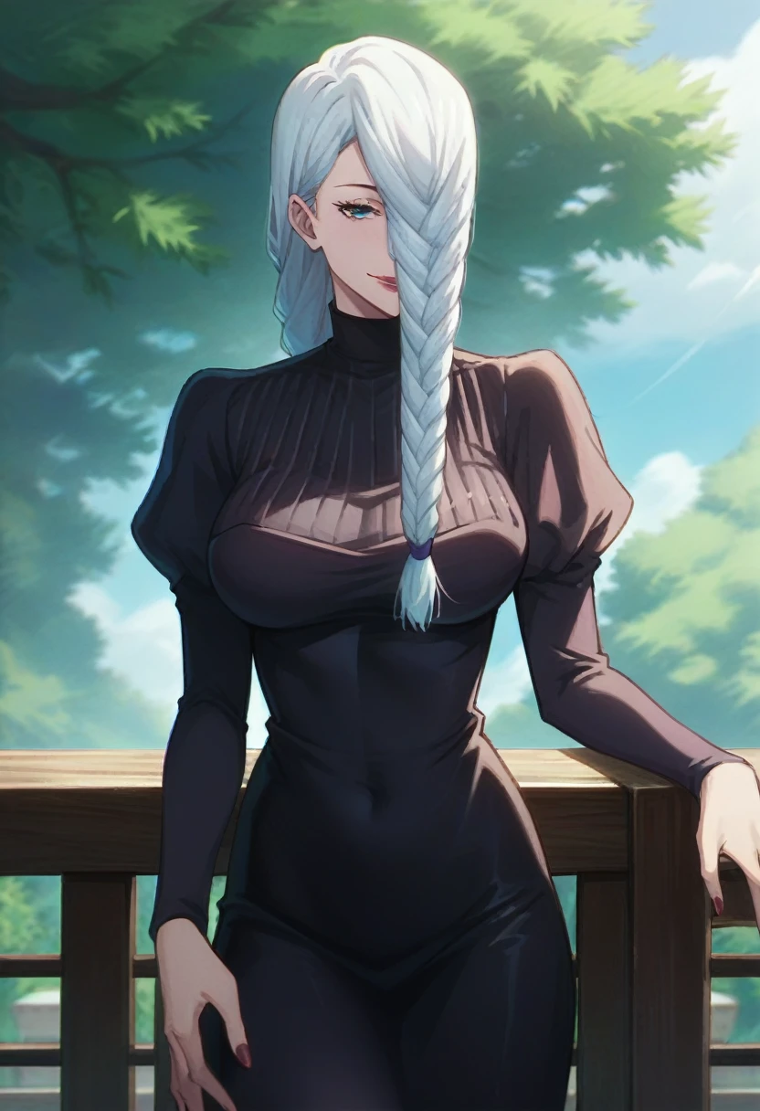 score_9, score_8_up, score_7_up, score_6_up, h1m3n0, 1girl, , mature female, Mei Mei , white braided hair, hair over one eye, black tight dress, seductive smile, balcony, seductive pose