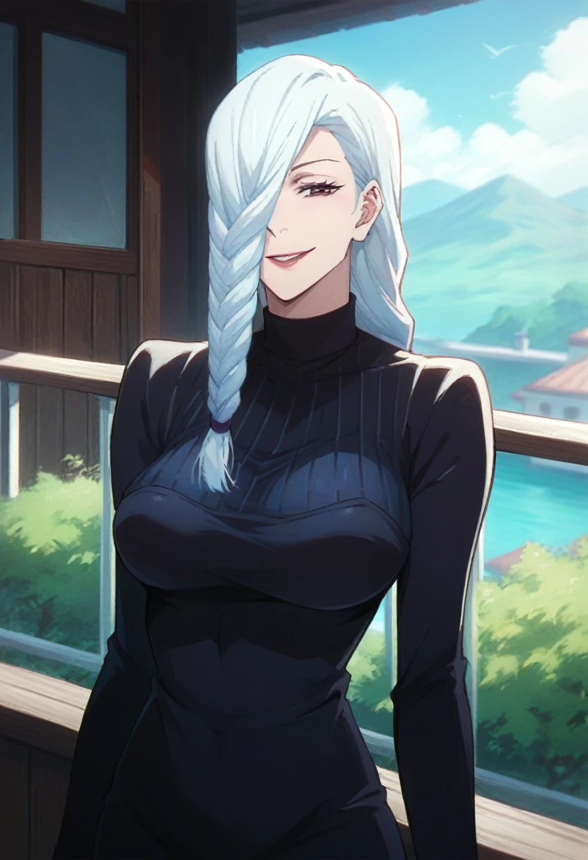 score_9, score_8_up, score_7_up, score_6_up, h1m3n0, 1girl, , mature female, Mei Mei , white braided hair, hair over one eye, black tight dress, seductive smile, balcony, seductive pose