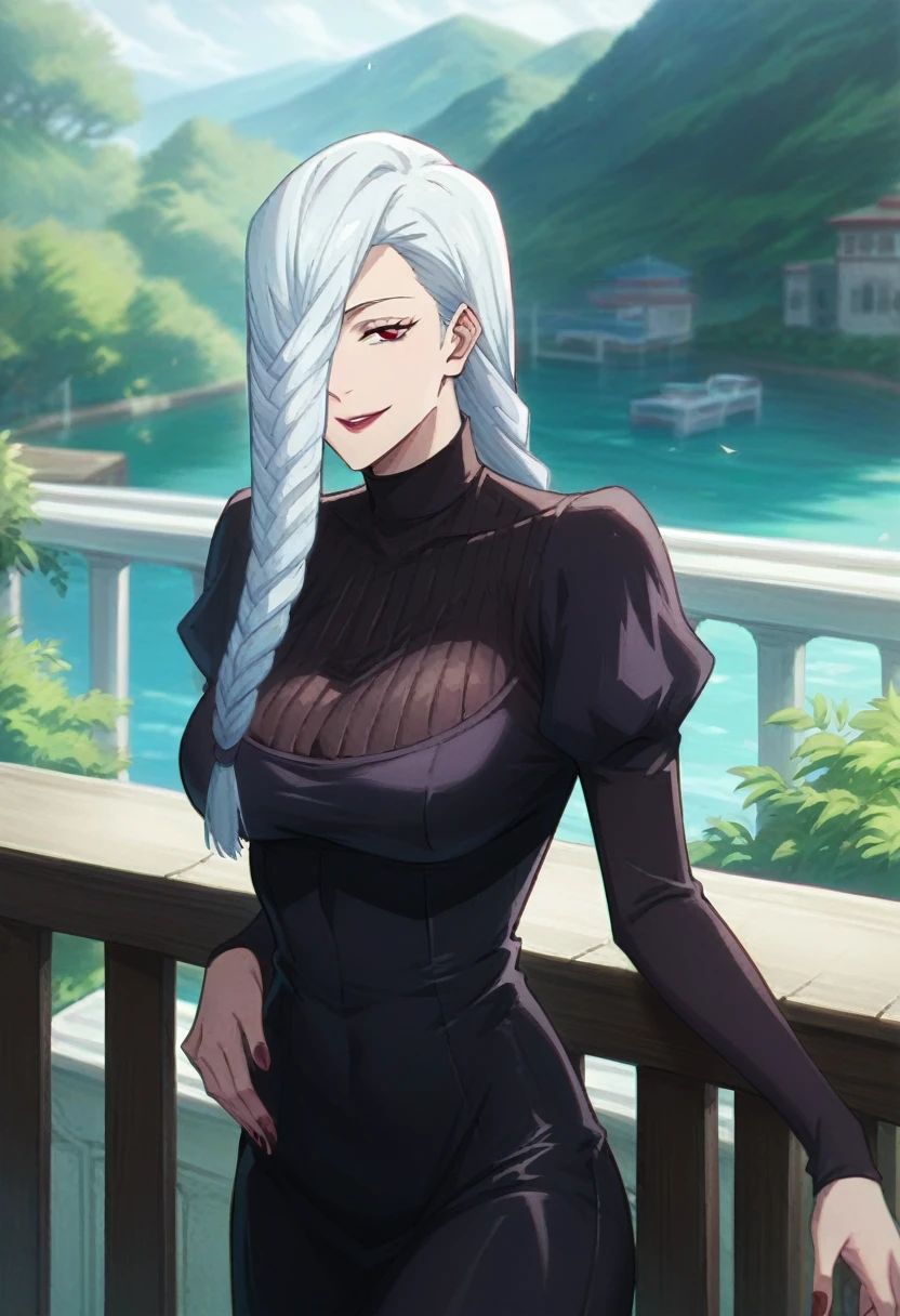 score_9, score_8_up, score_7_up, score_6_up, h1m3n0, 1girl, , mature female, Mei Mei , white braided hair, hair over one eye, black tight dress, seductive smile, balcony, seductive pose