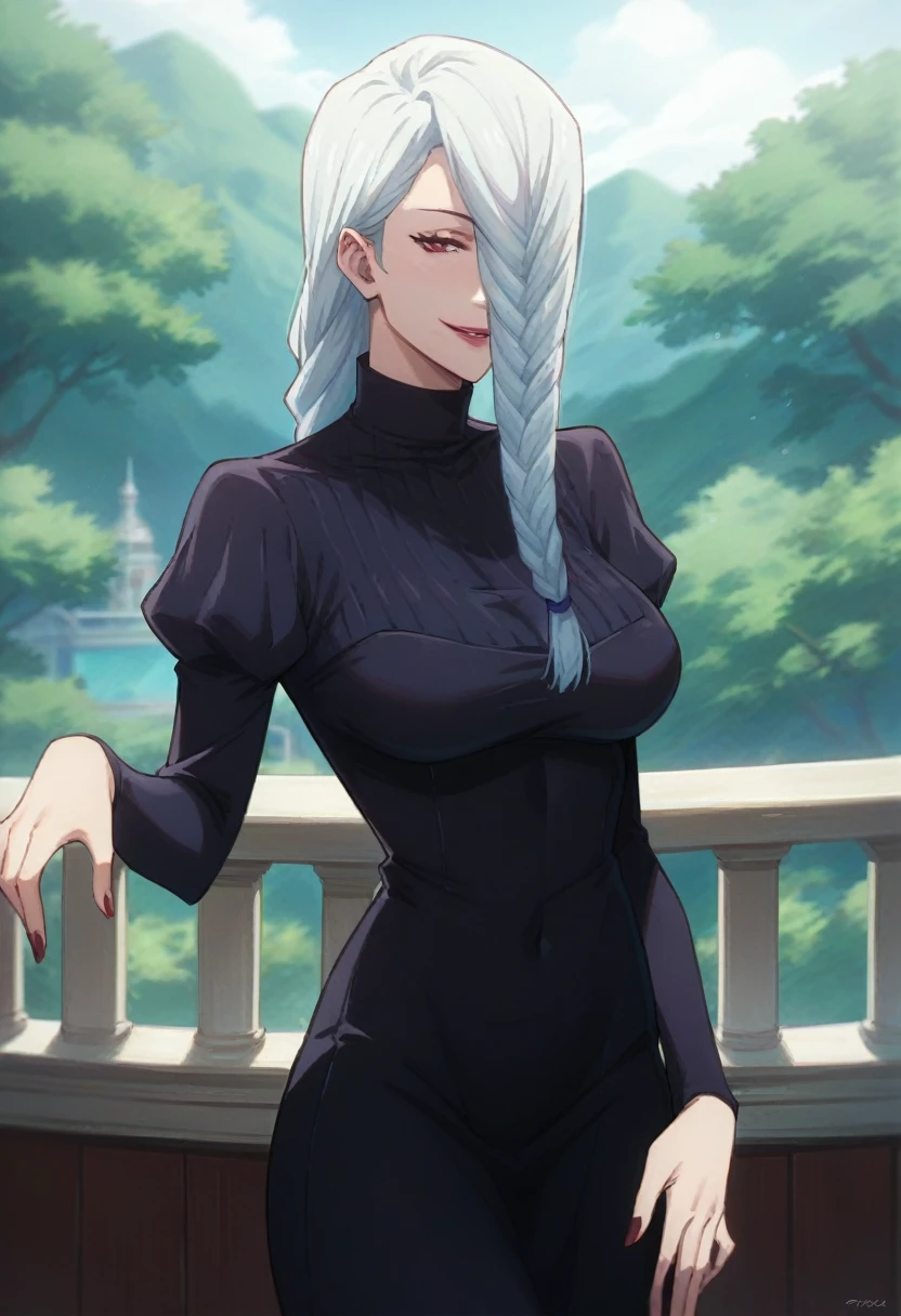 score_9, score_8_up, score_7_up, score_6_up, h1m3n0, 1girl, , mature female,  Mei Mei , white braided hair, hair over one eye, black tight dress, seductive smile, balcony, seductive pose
