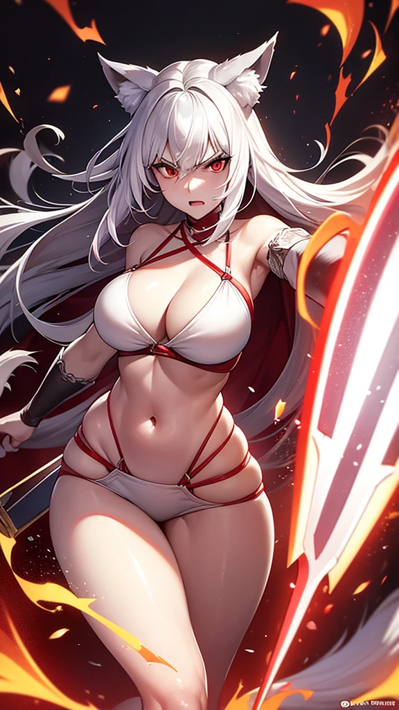 An adult woman, half fox and wolf, white hair, red eyes, wide breasts, very angry, standing, in a bikini, holding a sword