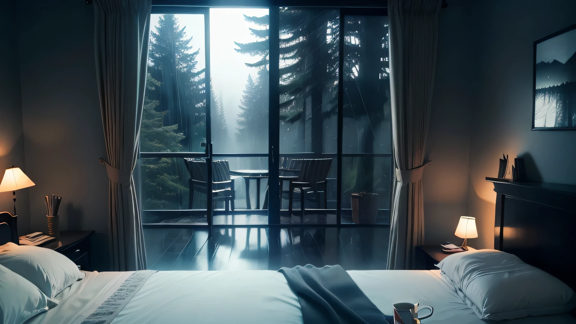 two point perspective, night, bedroom, fireplace, blanket on big bed, coffee cup, tall trees outside large window, tilted angle of window, dark sky, rain, fog, cinematic perspective, 8K, photography, high detail, details, high quality shadows, realism