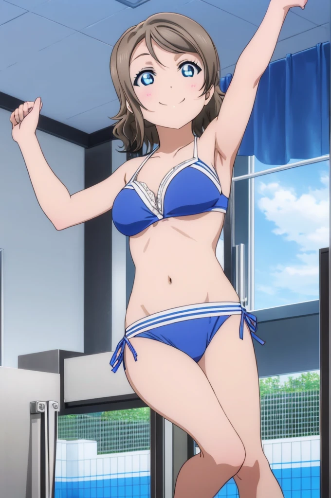 (((pixel-perfect, detail-perfect))), solo, 1girl, you watanabe, eyes azzur, smile, bikini, pool, armpit, big filesize, ultra High Qality