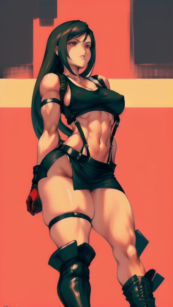 Full body image of Tifa Lockhart from Final Fantasy VII, full body in image, wearing her original outfit (white tank top, black mini skirt, suspenders, red gloves, and black combat boots), long hair, female body, athletic and curvy body, dynamic pose, detailed pose, simple background, expressive face, focus on face, line art, sketch