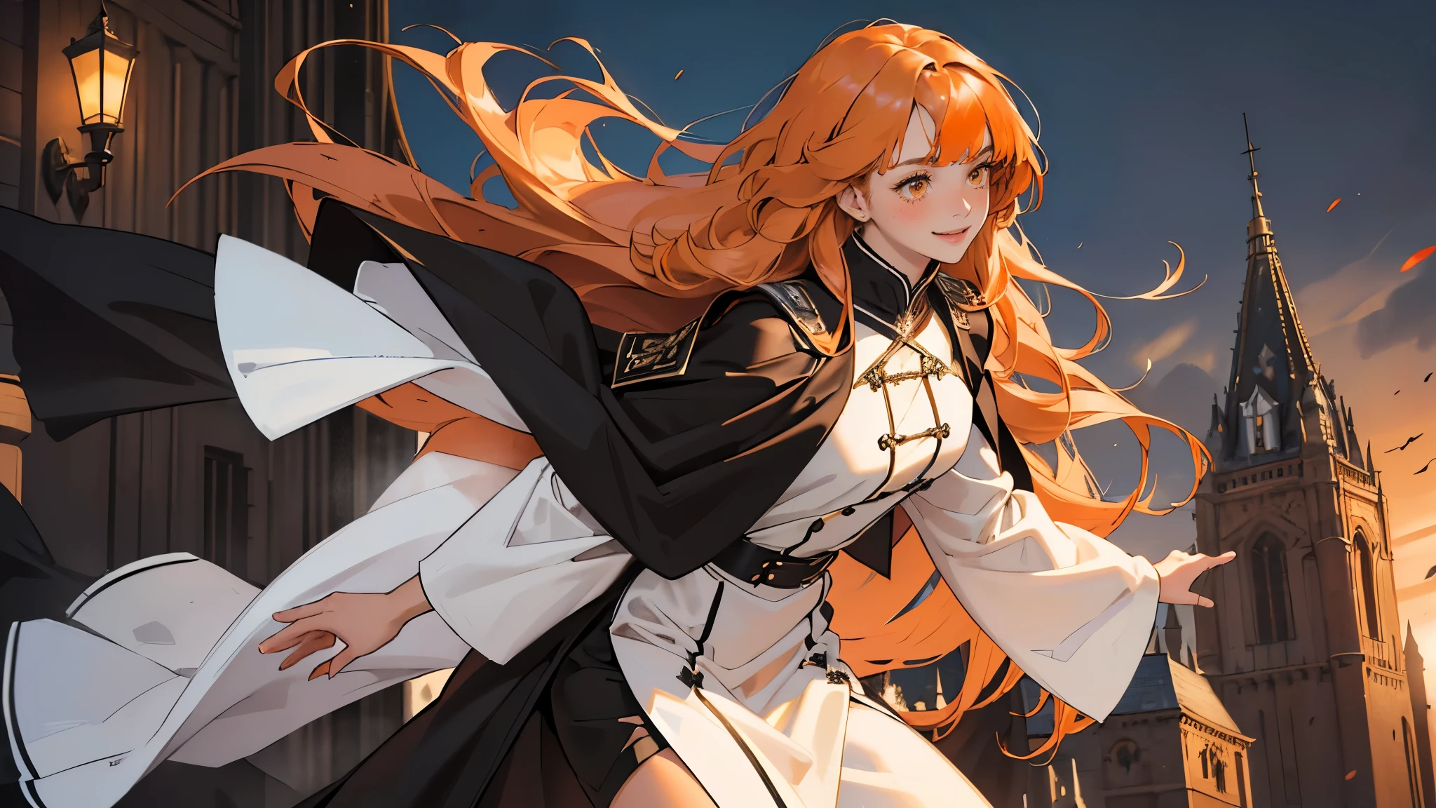 (girl), masterpiece, ultra detailed, 8K Portrait, Raw photo, woman's portrait photography, full body, Highly detailed face, mischievous childish smile, blush, ((Fantasy)), ((young)), 17 years old, 160cm, (((student))), ((tanned skin)), (((dark orange colored long straight hair))), (((blunt bangs))), hair ornament, (((black silk long cloak))) Fluttering in the wind, (high school dark white uniform:1.5), Plaid short skirt, Midday sun, Hyper realistic, Slender body, by the snowy castle, Ambient lighting, Shadow details, Camera focus on face, strong breeze, Light fog, from side,
