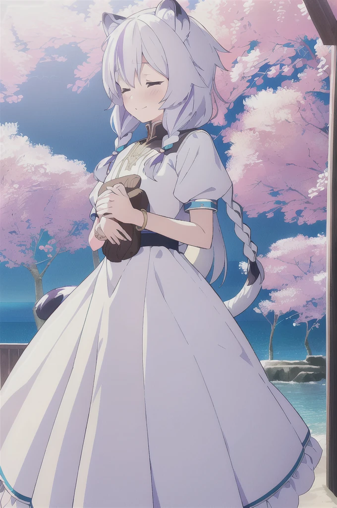 ((masterpiece)), (best quality), (ultra-detailed), photorealistic, (best illustration), ((an extremely delicate and beautiful)), 1boy, solo, long hair, tiger ears, [:tiger tail under:0.2], white hair, two-tone hair, full body art, white clothes, (Purple strands:1), multicolored dress, cross-laced, standing, closed eyes, smile, black skirt, short sleeves, detailed scenery, blue sky, horizon, short low twin braids, twin braids, hair ornament, bracelet, (both hands on own chest:0.9), blush,  body, very young, Cute, shy, scared, holding doll. 