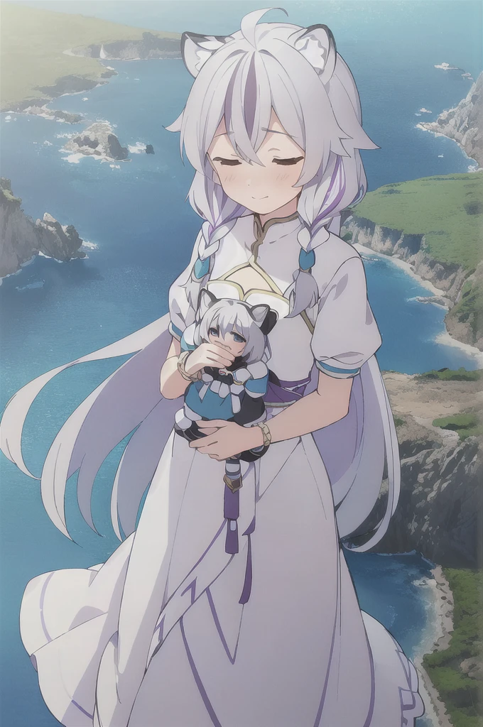 ((masterpiece)), (best quality), (ultra-detailed), photorealistic, (best illustration), ((an extremely delicate and beautiful)), 1boy, solo, long hair, tiger ears, [:tiger tail under:0.2], white hair, two-tone hair, full body art, white clothes, (Purple strands:1), multicolored dress, cross-laced, standing, closed eyes, smile, black skirt, short sleeves, detailed scenery, blue sky, horizon, short low twin braids, twin braids, hair ornament, bracelet, (both hands on own chest:0.9), blush,  body, very young, Cute, shy, scared, holding doll. 