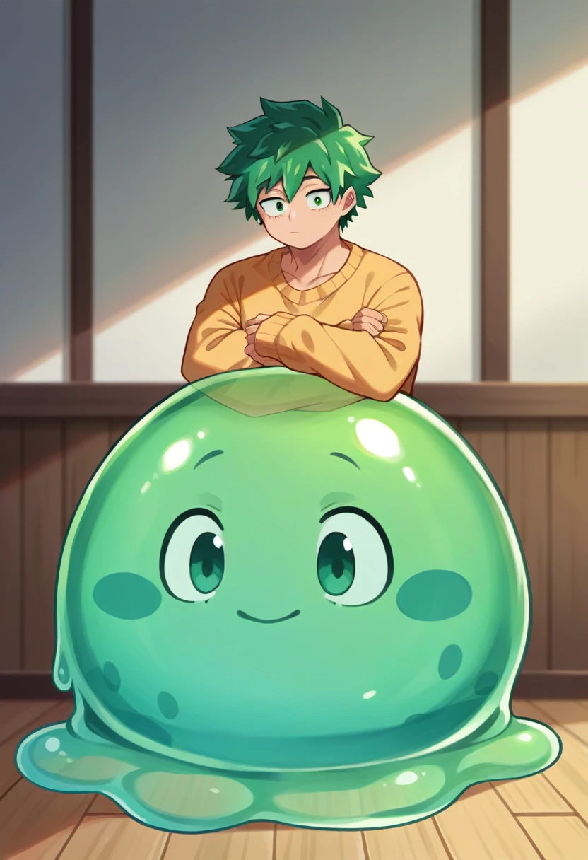 score_9, score_8_up, score_7_up, score_6_up, score_5_up, score_4_up, source_anime, 1Boy, slime Boy, Blue slime skin, Soft fashion, wolf cut slime hair with green tips, tentacles, slime tentacles, slime boy, solo, slimegirlsfw, slime boy, sweater, jeans, slimeboy, my hero academia, tentacles, school, depth of field, LUT, Sitting down, Dorm room, detailed, handsome, cute slime boy. My hero academia school, Tentacle tail, Full body shot, , muscular.  