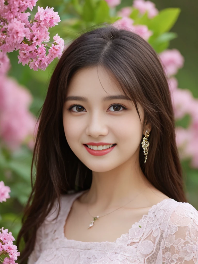 ultra high detailed, an indian girl, most beautiful Indian girls, 27 years old, cute smile realistic face, happy, long hair, impressive hairstyle, detailed eyes, detailed lips, indian clothes, cherry red dress, lace, wearing jewellery, nature background, flowers, afternoon, shadow, clear weather, whole body capture,noch slim image longn, biggest breast, biggest chest, biggest wait, background flower valley.