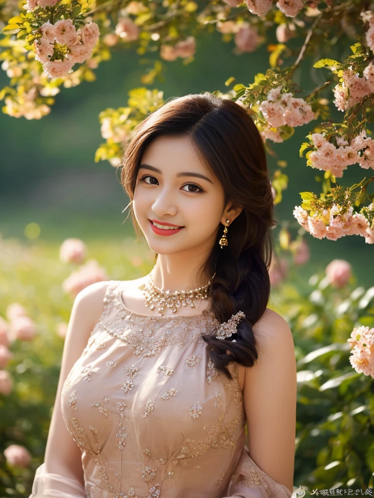 ultra high detailed, an indian girl, most beautiful Indian girls, 27 years old, cute smile realistic face, happy, long hair, impressive hairstyle, detailed eyes, detailed lips, indian clothes, cherry red dress, lace, wearing jewellery, nature background, flowers, afternoon, shadow, clear weather, whole body capture,noch slim image longn, biggest breast, biggest chest, biggest wait, background flower valley.