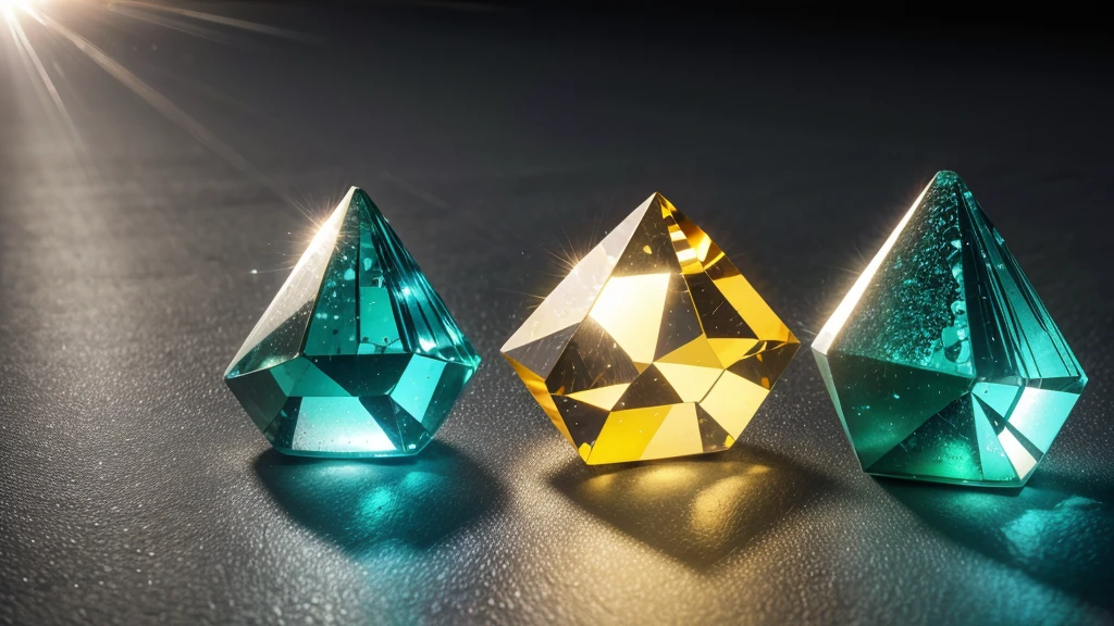 [Transparent crystal stones shining colorful light] [focusing] in sunlight with crystal clear green background