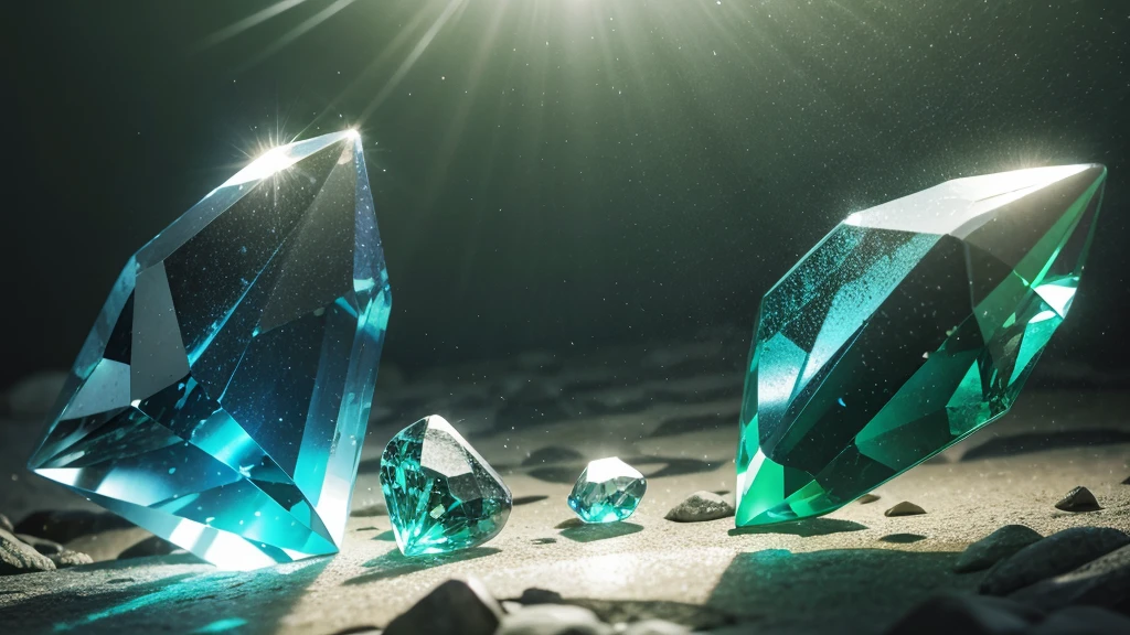 [Transparent crystal stones shining colorful light] [focusing] in sunlight with crystal clear green background