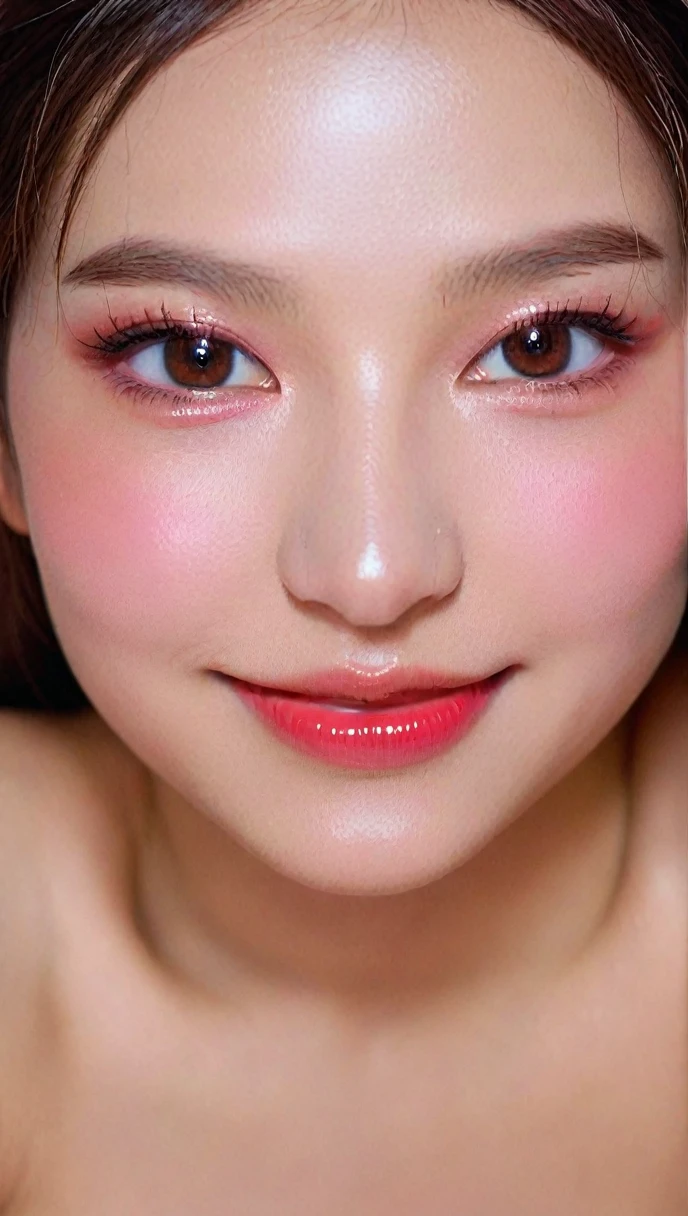 Ultra-realistic movie master pie with ultra-detailed primetime portraits, high quality, 8K, table top, Ultra HD), 1 girl 40 years old、nude supermodel, ((Random style and color hair)), masterpiece, high quality, high quality, High resolution、(close up of face), black_mascara put in Long eyelashes:1.5, dark (eyesshadows:1.35), (Glossy) red_lips:1.24, ((brown_eyes)), (iridescent eyes), vibrant eyes:1.35, high contrast, dark shot:1.5, (seductive smile), ((pink_makeup cheeks:1.2))
