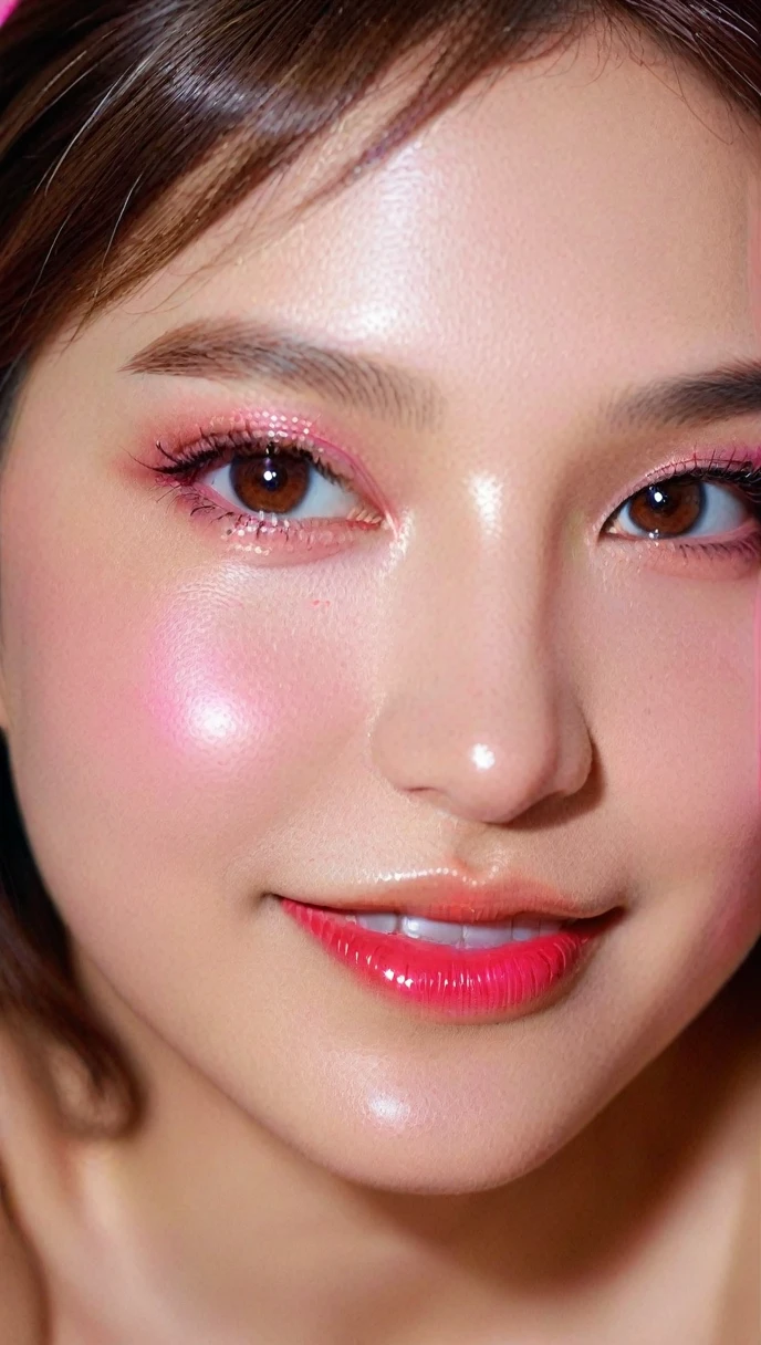 Ultra-realistic movie master pie with ultra-detailed primetime portraits, high quality, 8K, table top, Ultra HD), 1 girl 40 years old、nude supermodel, ((Random style and color hair)), masterpiece, high quality, high quality, High resolution、(close up of face), black_mascara put in Long eyelashes:1.5, dark (eyesshadows:1.35), (Glossy) red_lips:1.24, ((brown_eyes)), (iridescent eyes), vibrant eyes:1.35, high contrast, dark shot:1.5, (seductive smile), ((pink_makeup cheeks:1.2))