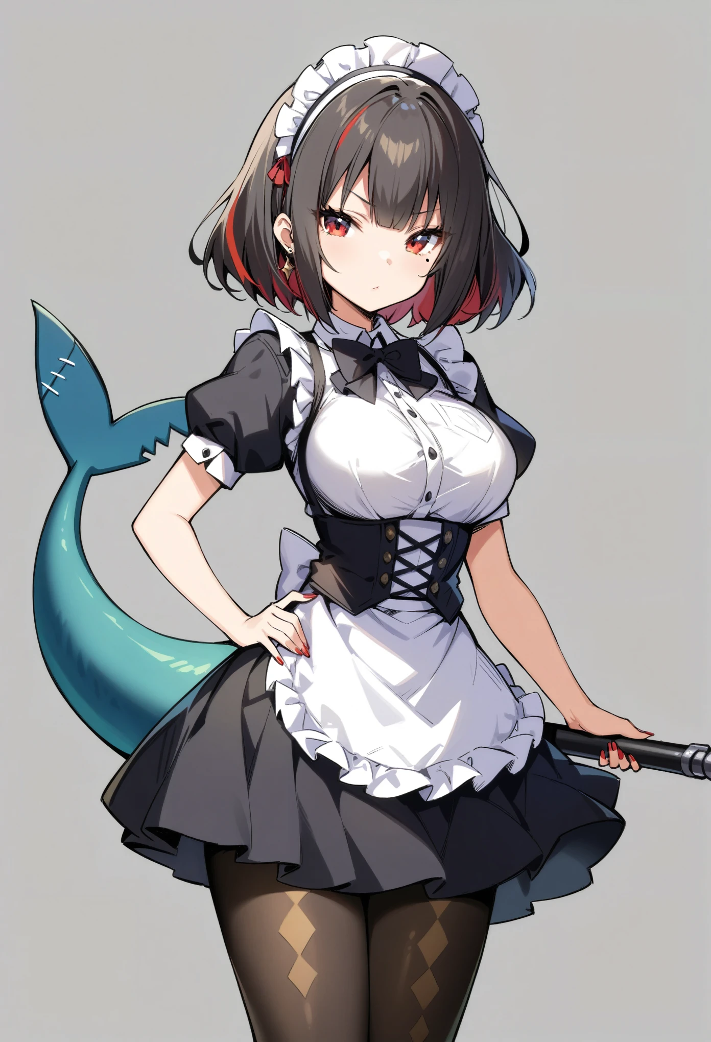 masterpiece, best quality, very aesthetic, absurdres,
zenless_zone_zero, ellen_joe, 1girl, argyle_clothes, argyle_legwear, black_dress, black_footwear, black_hair, black_pantyhose, breasts, closed_mouth, dress, fingernails, fins, fish_tail, frilled_dress, frills, grey_background, hand_on_own_hip, high_heels, holding, holding_weapon, maid_headdress, medium_breasts, mole, mole_under_eye, multicolored_hair, nail_polish, pantyhose, puffy_short_sleeves, puffy_sleeves, red_eyes, red_hair, red_nails, shark_girl, shark_tail, short_sleeves, simple_background, solo, standing, streaked_hair, tail, weapon, white_headdress