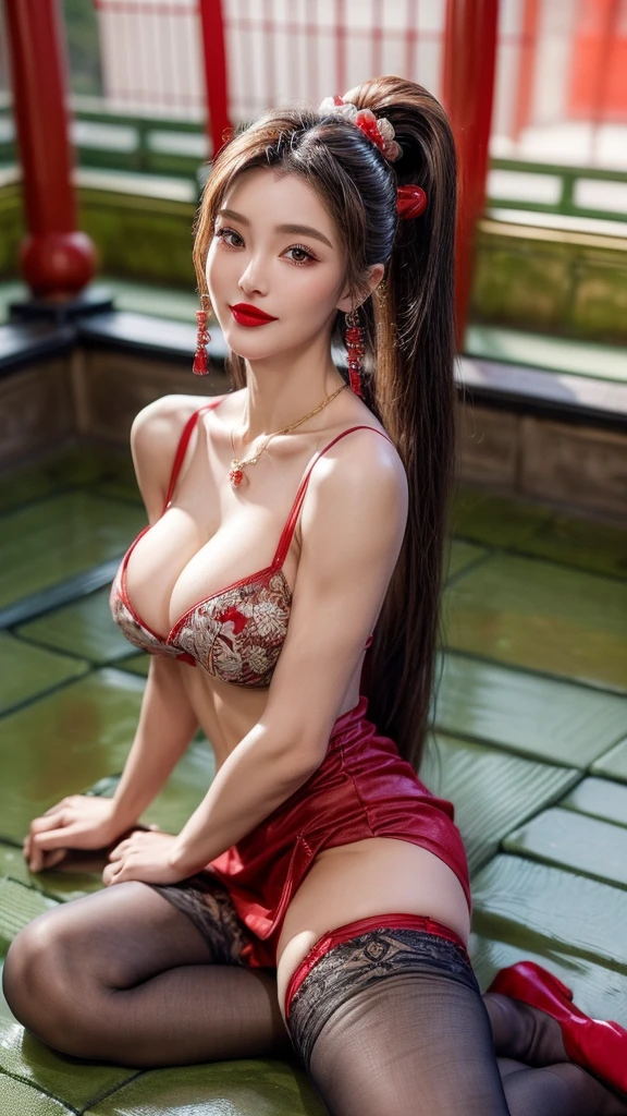 4K, UHD, masterpiece, solo girl, good face, detailed eyes, detailed lips, very long hair, straight hair, very long hair, beautiful hair, bride hair ornaments, hairband, sexy bun with ponytail hair, ((thin black lingerie), (photorealistic:1.5), (Realistic big breasts:1.35), (Slender six pack abs), (smile), ((NSFW:0.5)), ((busty Cleavage)), ((( enchanting body, red lipstick, stockings, Japanese courtyard, bold dress, d-cup, breast focus, closeup))), ornaments, necklace, earring, high lighting, depth of field, ray tracing, ultra-realistic detail