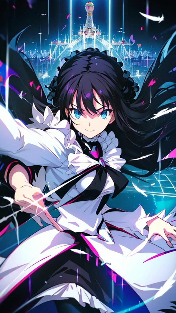 best quality, extremely detailed, anime style adult 1girl, long hair down to the waist, straight hair, ((dark black hair with bluish)),crown braid,beautiful detailed eyes, pinched eyes, dark blue eyes, huge breasts,curvy,(((white main black cyberpunk and magical frill dress))),longskirt,((feather accessory)),magical girl,((((light smile)))),((((amusement park)))),animation cap,animated gif,