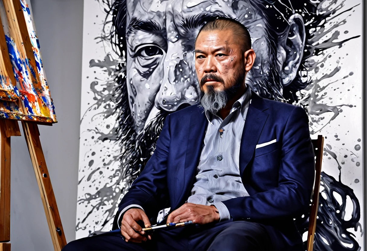 artist with beard, sitting in front of a painting of a man with a face made of paint on an easel, pollock photorealistic, yoji shinkawa :: portrait, amazing, portrait of a man made of ice, stunning art, highly detailed vfx portrait, dramatic artwork, inspired by yoji shinkawa, close-up print of a fracture, russ mills, stunning artwork, hyperrealistic mixed media, 4k painting, epic artist painting, powerful painting, complex and intense oil painting, painting art, incredible painting, digital art masterpiece, intense painting, complex oil painting, art painting, detailed realism in painting, art with ai, cinematic painting, realistic painting, painting comes to life