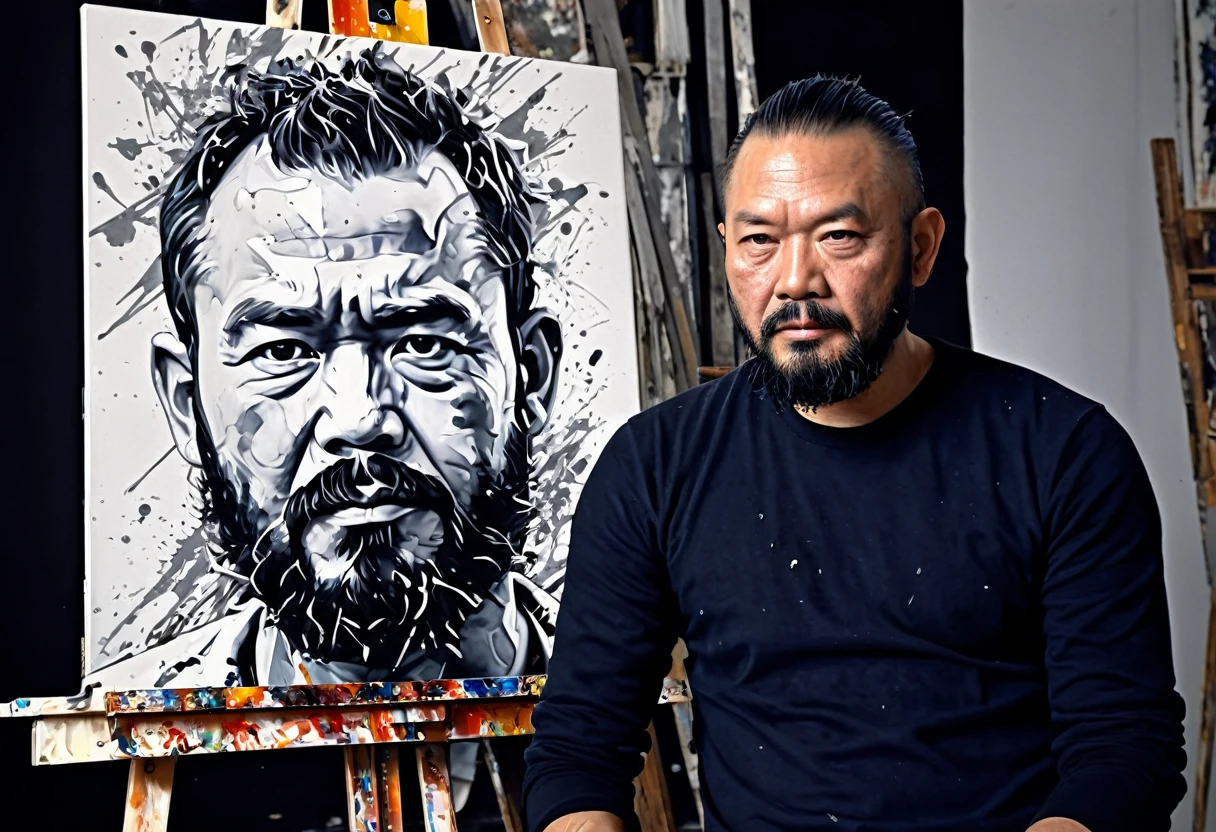 artist with beard, sitting in front of a painting of a man with a face made of paint on an easel, pollock photorealistic, yoji shinkawa :: portrait, amazing, portrait of a man made of ice, stunning art, highly detailed vfx portrait, dramatic artwork, inspired by yoji shinkawa, close-up print of a fracture, russ mills, stunning artwork, hyperrealistic mixed media, 4k painting, epic artist painting, powerful painting, complex and intense oil painting, painting art, incredible painting, digital art masterpiece, intense painting, complex oil painting, art painting, detailed realism in painting, art with ai, cinematic painting, realistic painting, painting comes to life