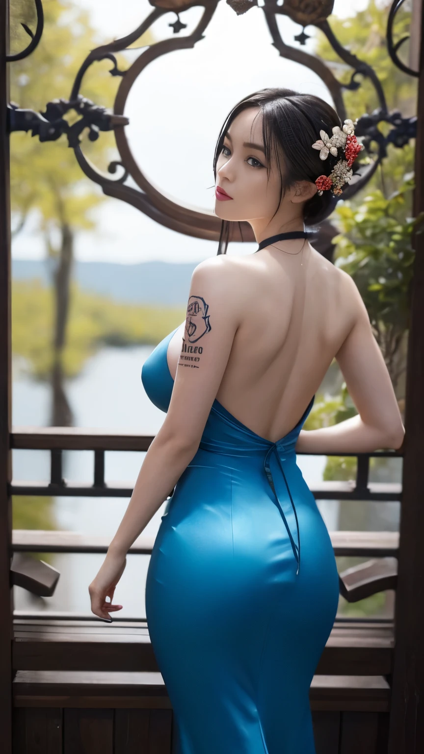 masterpiece, top quality, best quality, official art, beautiful and aesthetic:1.2),1girl, tattoo, solo, naked, naked Japanese adult, hair ornament, unsheathing, black hair, sheath, dragon tattoo, blue eyes, looking back, from behind, flower, looking at viewer, holding, makeup, outdoor, huge breasts and hourglass figure 