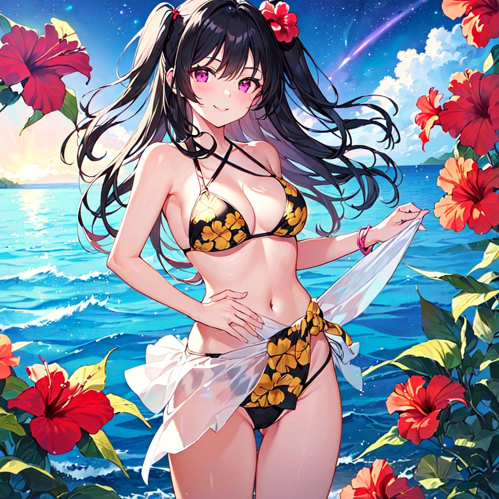 masterpiece, best quality, high quality, extremely detailed, very delicate and beautiful, (18-year-old 1female, solo: 1.5), (long black hair, two-side up, down to the waist: 1.5), bangs down to the eyebrows, eyes with a sharp, strong, glossy, slanted gaze, glossy eyebrows, (magenta eye color: 1.3), 6.5 heads and bodies, (hibiscus print bikini swimsuit: 1.3), (standing and playing in the ocean), (smile), (dynamic pose), (tropical ocean in the background: 1.3), (Milky Way Night Sky: 1.3)