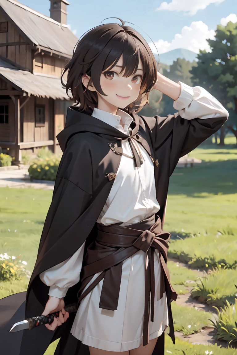 Male, short brown hair, brown eyes, handsome, smirk, wearing a black-red cloak, and black clothes, sword on his waist, white skin, background, Grasslands and rice bran and farm theme the house of the dragon.