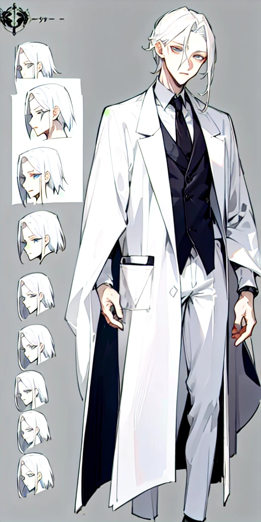 A 35-year-old Male pale skin wearing a lab coat slip back hair define jawline bags under his eyes full body character sheet character design sheet