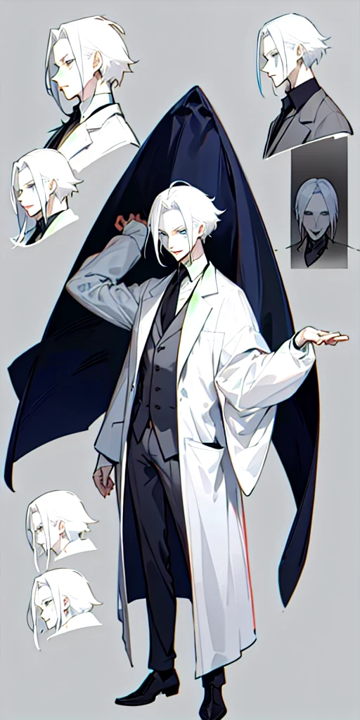 A 35-year-old Male pale skin wearing a lab coat slip back hair define jawline bags under his eyes full body character sheet character design sheet