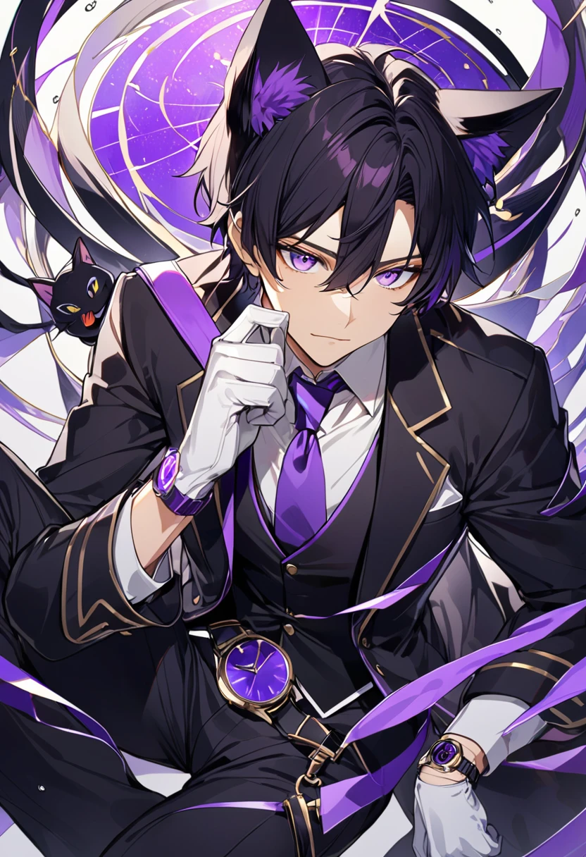 1man, short black hair, black cat ears, bright purple eyes, wearing a black vest, wearing a white undershirt, wearing a purple tie, wearing black pants, wearing short white gloves, only , wearing a gold and purple watch
