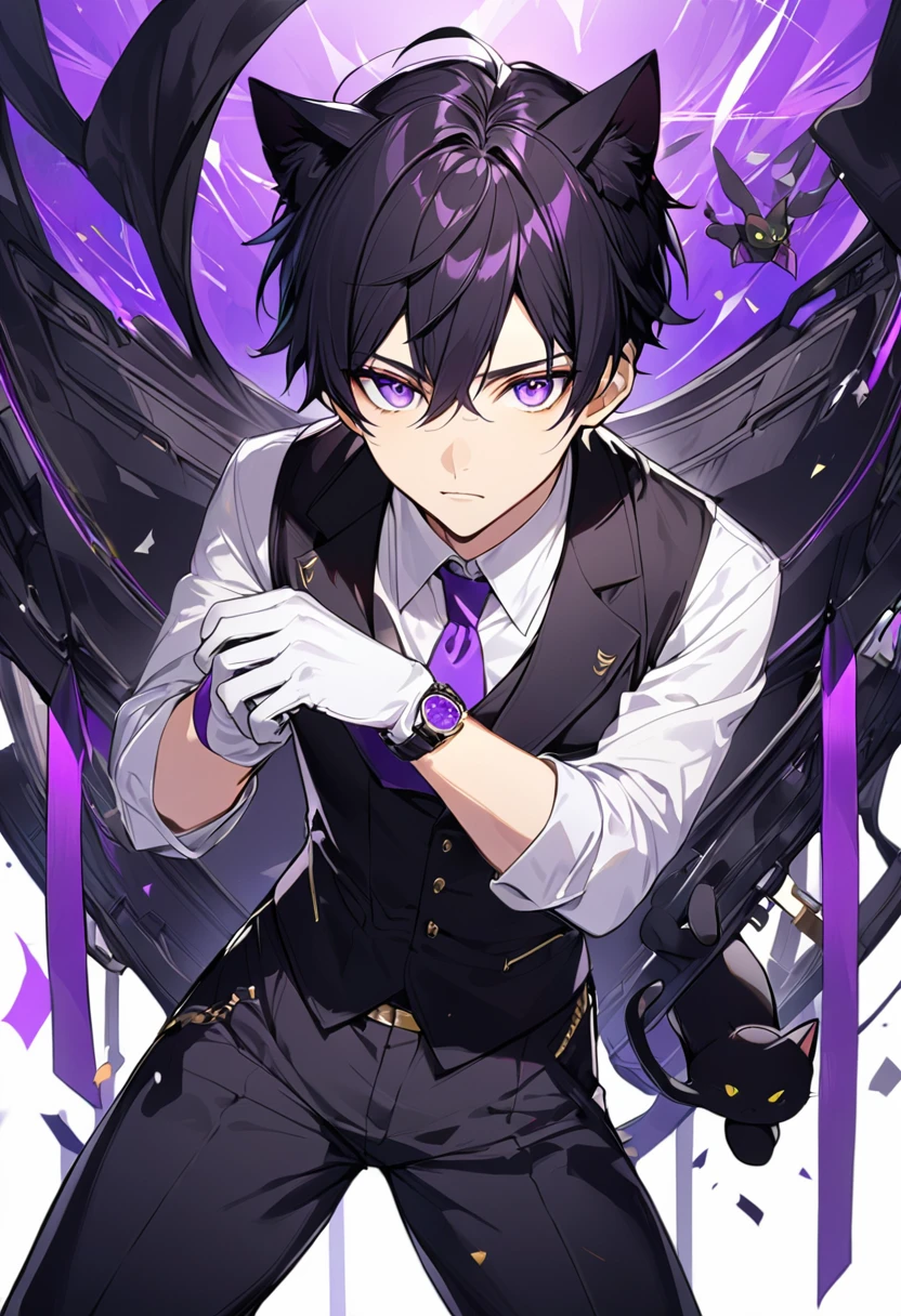 1man, short black hair, black cat ears, bright purple eyes, wearing a black vest, wearing a white undershirt, wearing a purple tie, wearing black pants, wearing short white gloves, only , wearing a gold and purple watch