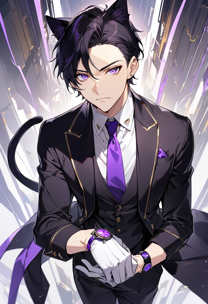 1man, short black hair, black cat ears, bright purple eyes, wearing a black vest, wearing a white undershirt, wearing a purple tie, wearing black pants, wearing short white gloves, only , wearing a gold and purple watch