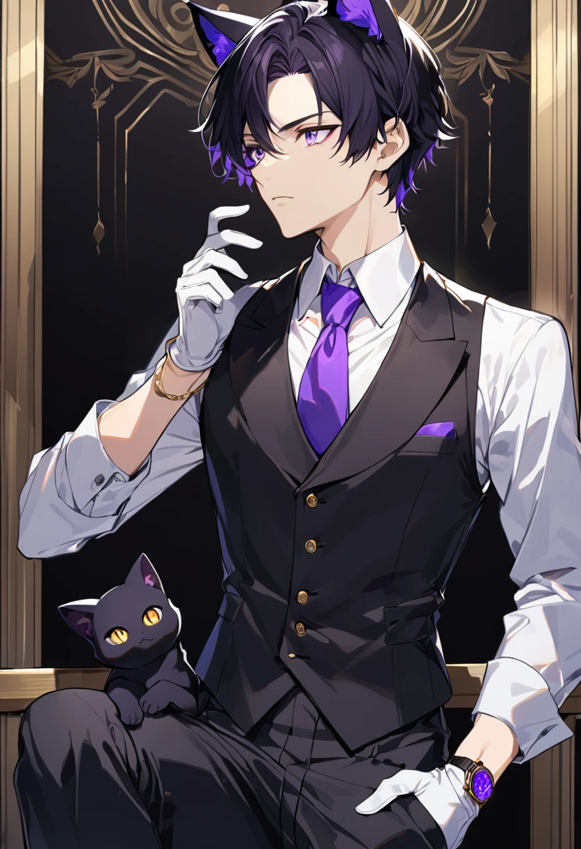 1man, short black hair, black cat ears, bright purple eyes, wearing a black vest, wearing a white undershirt, wearing a purple tie, wearing black pants, wearing short white gloves, only , wearing a gold and purple watch