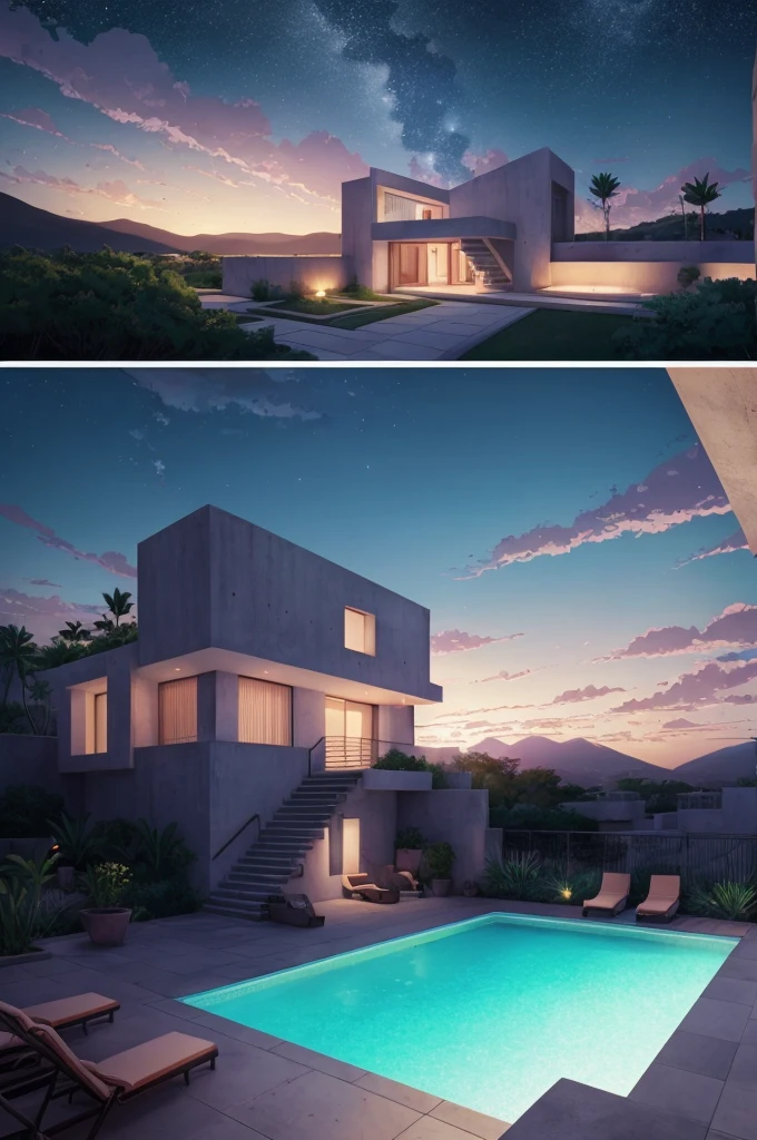 anime (best-quality:0.8), (best-quality:0.8), perfect anime illustration, we've been trying to reach you about your cars extended warranty, An illustration in collage style, with giant boulders, brutalist building sections, terraces, stairs, cacti, agave, concrete texture, multiple geometric shapes, hatch and cross hatching, planet saturn, volcano, moon, Luis Barragán's architectural style build, milky way galaxy, violet, one motorcycle, An illustration in collage style, with giant boulders, brutalist building sections, stairs, cacti, agave, concrete texture, multiple geometric shapes, hatch and cross hatching, planet saturn, volcano, moon, Luis Barragán's architectural style build, reflective pool, terraces. An elegant and modern build, in top of big boulders, with terraces, materials concrete, wood, steel and crystal, various gardens with tropical vegetation, cacti and rocks, stairs, a pool. In middle of sea, a big wave near, sunset, mountains and a volcano in the horizont, cute islands around, illustration format, cute color palette, detailed, masterpiece, award-winning work A 1999 Nissan GTR in Tron form r34 horizonte Lamborghini under a pink and purple sky, an anime drawing by Makoto Shinkai, trending on pixiv, magical realism, beautiful anime scene, cosmic skies. by makoto shinkai, ( ( makoto shinkai ) ), by makoto shinkai, anime background art, style of makoto shinkai