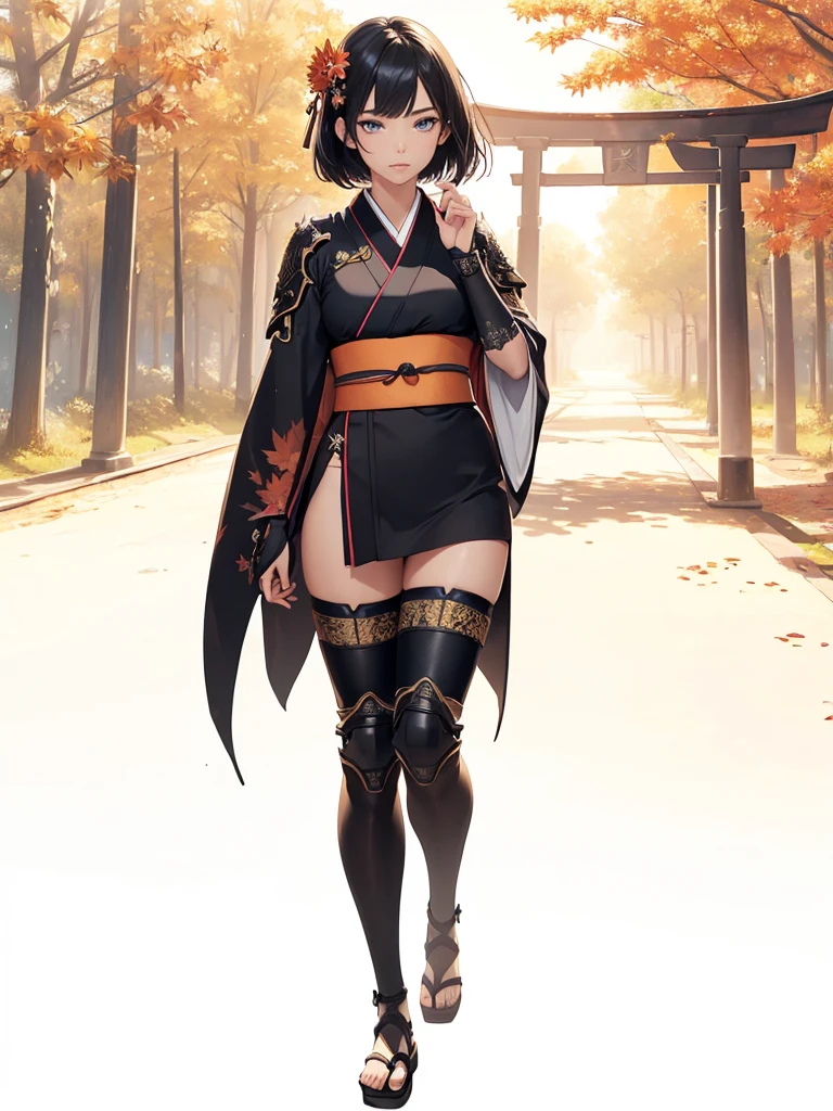 ((1girl, solo)), beautiful body, (perfect anatomy, perfect body, perfect hands, perfect legs), (five fingers:1.5), natural proportions, sexy body, large breasts, cowboy shot BREAK
((extremely detailed face)), (beautiful detailed eyes:1.6), (realistic pupils, realistic iris:1), expressive eyes, looking at viewer, (clear eyes:1.3), (hyperrealistic:1.2), (detailed skin texture:1.2), smooth skin, (black hair:1.5), (white eyes), (short hair:1.3), ((mature female)), (detailed lips:1.2), (attractive lips:1.1), (glossy lips:1.1), (parted lips), perfect face, perfect eyes BREAK
samurai, japanese clothes, (short kimono:1.5), puffy short sleeves, sash, black elbow gloves, fingerless gloves, (arm guard:1.5), thighs, black thighhighs, ass visible through thighs, skindentation, shimenawa BREAK
outdoors, (autumn season:1.5), (torii gate:1.3), east asian architecture, (forest:1.3), (tree:1.4) stone path BREAK
(masterpiece:1.5), anime-style, top quality, best quality, (beautiful and aesthetic:1.2), (ultra detail:1.5), Ultra-detailed depiction, Ultra-precise depiction, extremely detailed 8k illustration, high resolution, (highly detailed shading:1.2), (realistic lighting:1.4), perfect lighting, vibrant colors, dynamic tones, striking hues, 8k, absurd resolution, perfect shadows, hdr, UHD, ambient lighting, realistic, ultra-realistic, photo realistic, highly detailed, rich detail, luminous colors, fine texture, intricate design, professional illustration, (soft light:1.2), (illustration:0.7)