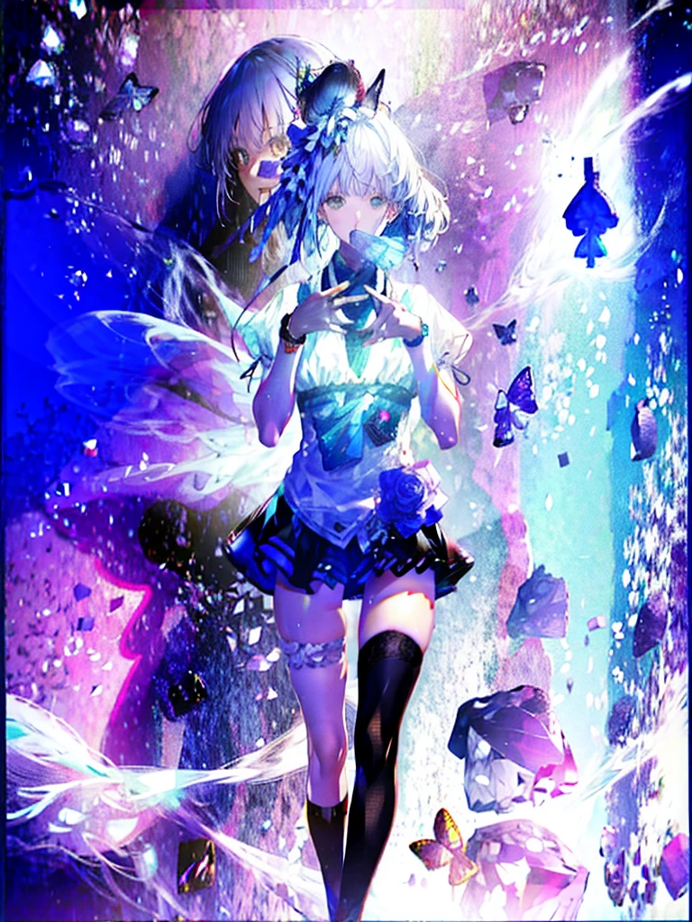 silver hair，crystal hair, butterflies，long white hair，8k wallpaper，detailedbackground，Highest resolution，deep v big breasts，Hair covers one eye，Bandeau，chies，Purple roses，tight-fitting，High socks，stockings