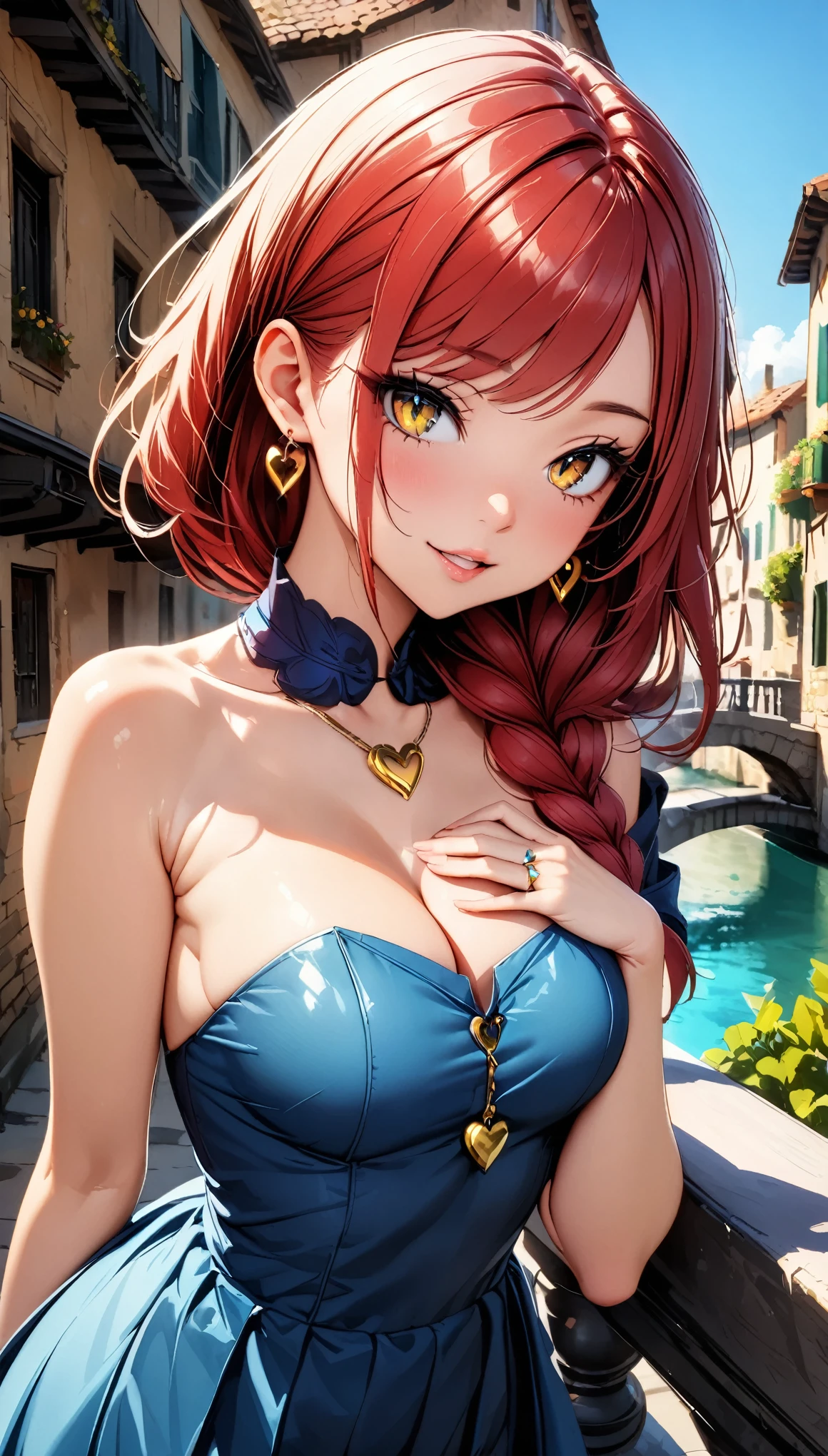(highest quality:1.4), Very detailed, 8K, Vibrant, Best aesthetics, Accurate, (masterpiece:1.4),
BREAK
(profile, Cowboy Shot:1.2), 1 beautiful girl, 18yo, small face, beautiful detailed face, narrow waist, The beauty and danger of growing from a girl to an adult, A symbol of miraculous beauty, Graceful posture, sensual, bewitching woman, (cleavage:0.8), (magental red hair, shiny hair, 1 long single braid of hair flowing from the shoulder to the front:1.5), Swept bangs,
BREAK
(Deep Blue Dress, off shoulder, Strapless dress, Sleeveless:1.4), (tiny teardrop-shaped earrings made of aqua blue sapphire:1.2),
BREAK
(A fantasy world cityscape:1.4), sunny afternoon, A city resembling Venice with canals, (Leaning against the railing of a bridge over a large river), Bright lighting, Beautiful world, Blown by the gentle wind, Soft sunlight that induces afternoon drowsiness, looking side glance, (left hand on own chest, five fingers:1.2), (vivid yellow eyes:1.4), (Slit Pupils, slant eyes, beautiful detailed eyes, long delicate eyelashes, Meticulous Eyelash Details), (1 tiny golden heart-shaped ring pendant:1.5),
BREAK
(hot gaze, heart-shaped lips, beautiful detailed lips, Glossy, Open Mouth, Leaking sigh), seductive smile,