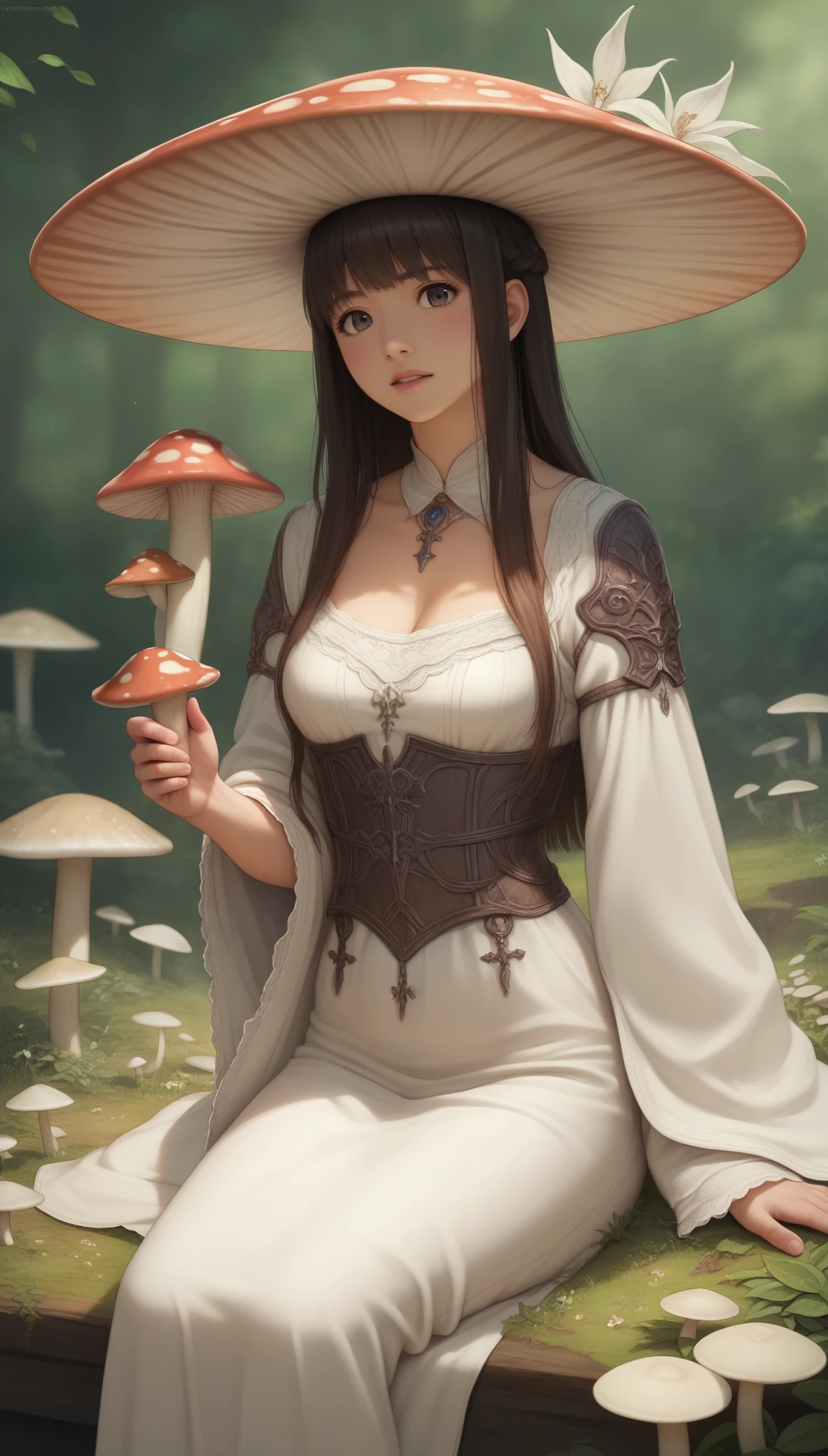 A closeup of a woman sitting on a mushroom with a mushroom hat on, 2. 5 d cgi anime fantasy illustrations, anime fantasy illustration, anime fantasy illustrations, detailed digital anime art, yoshitakka amano Karol Bak, Digital fantasy art 2D, fantasy art style, detailed Digital fantasy art 2D, fantasy style art..., Digital fantasy art )