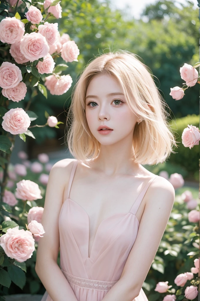 8K, RAW photos, Fujifilm, Fashion photo of a beautiful young woman Avril Lavigne in a light pink rose garden (Very delicate skin: 1.2) Style - Petal BREAK Short Hair, Blonde, Wearing a dress, Film granulation, 35 mm, Cute style