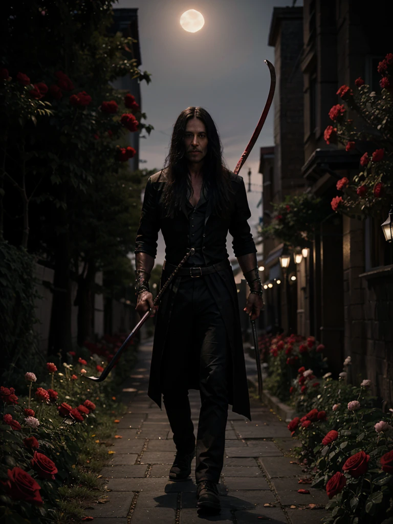 Death having his scythe, on a path of red roses, in one night, the image looks realistic