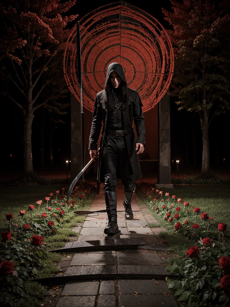 Death having his scythe, on a path of red roses, in one night, the image looks realistic