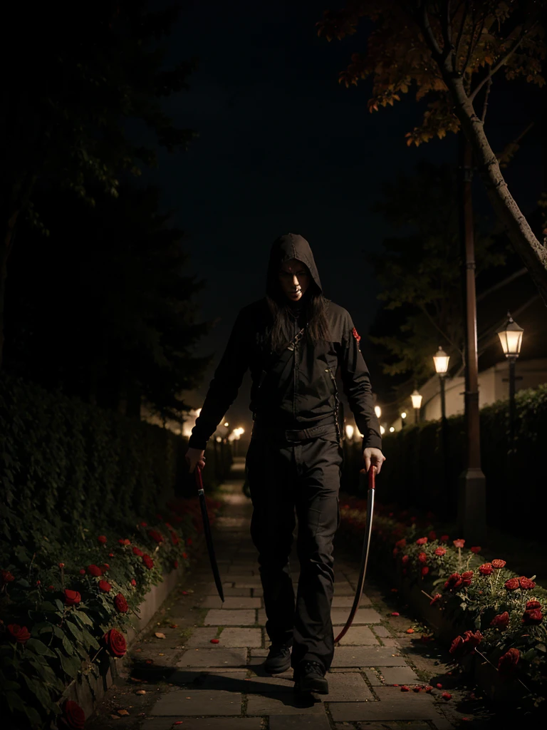  Death having his scythe, on a path of red roses, in one night, the image looks realistic 