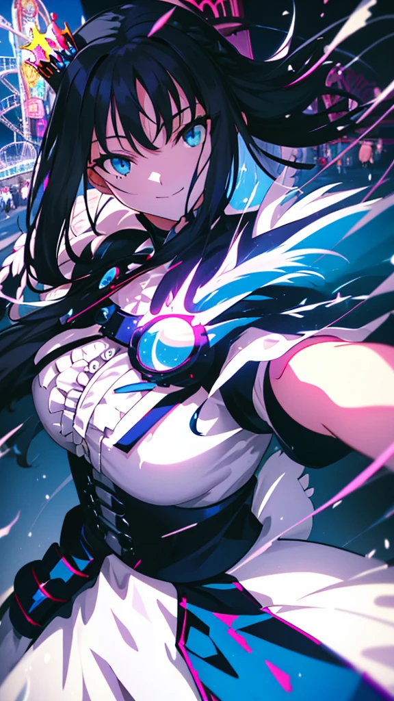 best quality, extremely detailed, anime style adult 1girl, long hair down to the waist, straight hair, ((dark black hair with bluish)),crown braid,beautiful detailed eyes, pinched eyes, dark blue eyes, huge breasts,curvy,(((white main black cyberpunk and magical frill dress))),longskirt,((feather accessory)),magical girl,((((light smile)))),((((amusement park)))),animation cap,animated gif,